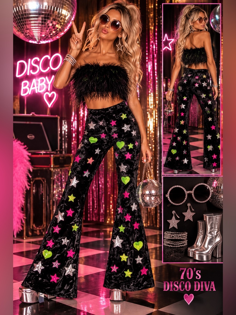 70s Disco Diva Velvet Bell Bottoms & Feather Tube Top Set - 1244-1249